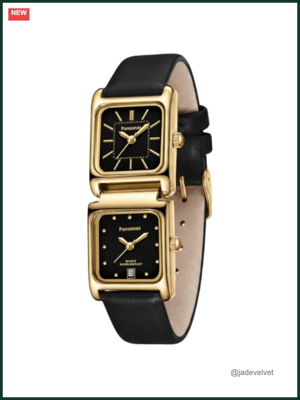 Dual Square Dial Gold Leather Quartz Watch with Date